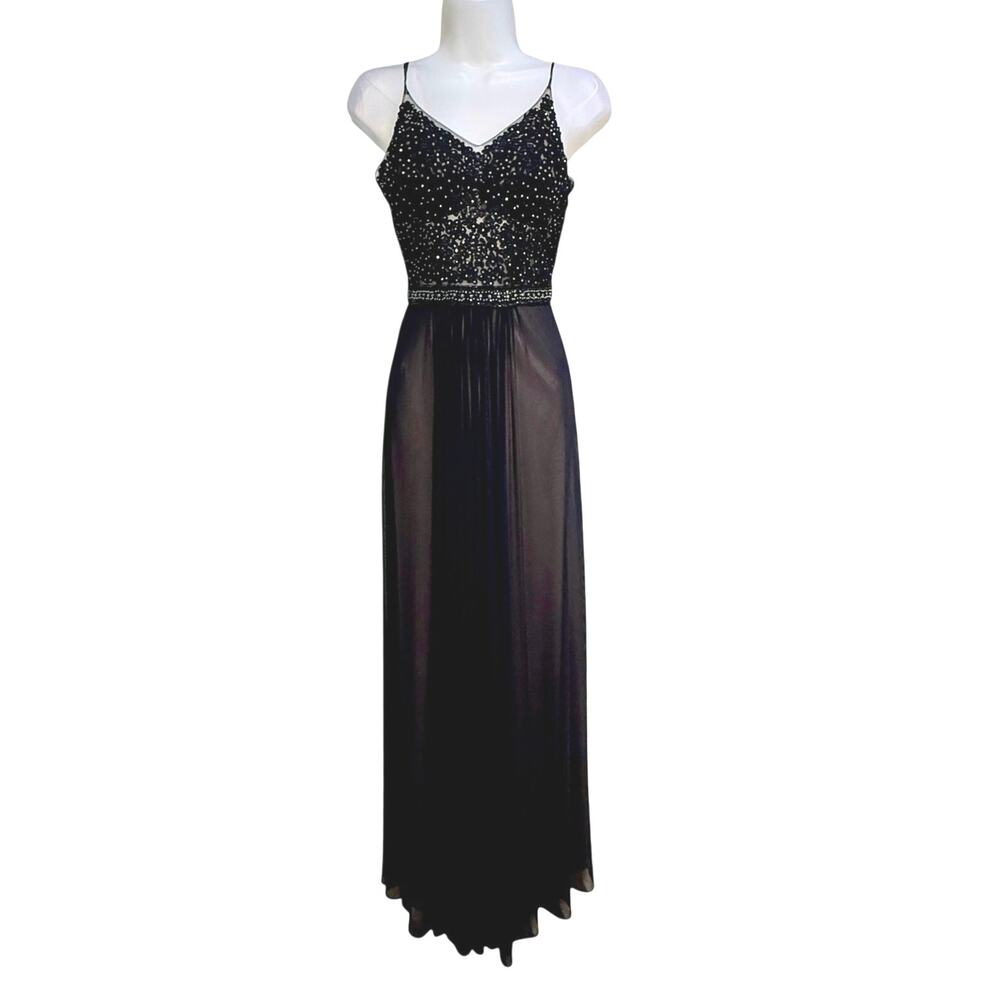 Faviana Size 4 Black Beaded Lace Illusion Dress Long Formal Evening Gown